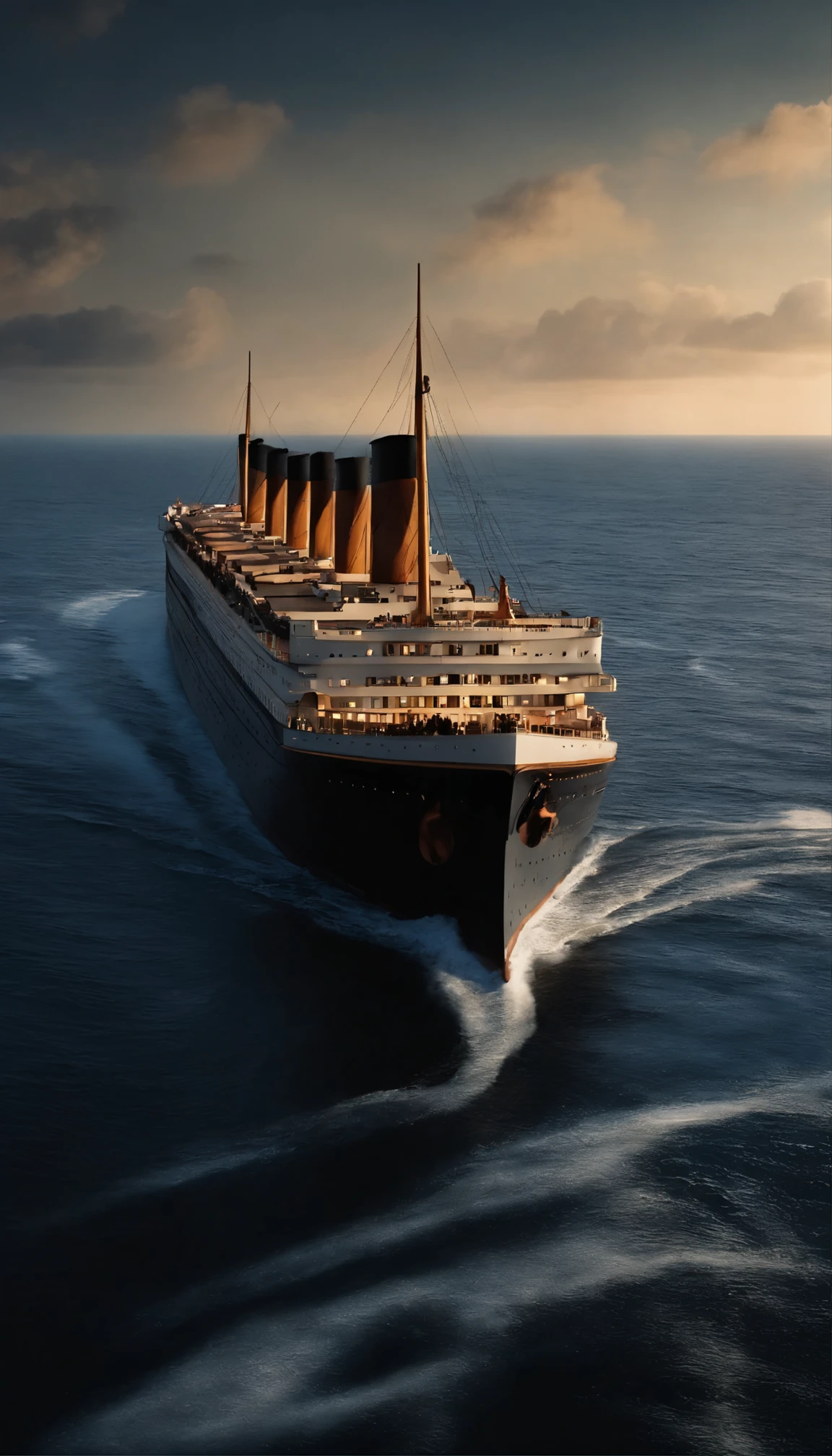 High-resolution images、Iconic films「Titanic」A fascinating scene(Ultra-high resolution images of the entire ship) While gesturing at the edge of a cliff before a catastrophic collision with an imposing iceberg、壮大なTitanic号の船の高解像度写真、Intricately detailed waves gently rippling all around。Cinematography lighting illuminates the image、Delivering breathtaking 8K resolution。Titanic号の船体は、Metallic and elegant々and、Engraved with realistic textures and patterns。The clear night sky was reflected in the ship&#39;s window.、indivual々The rivets are shown.