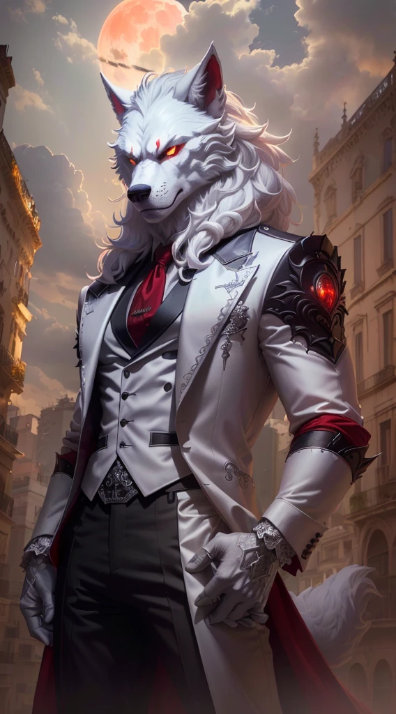 A white werewolf dressed as an Italian gangster, Stand with arms crossed, Full body vision, In the city of Sao Paulo, Red moon in the sky, High Detail, architecture, masterpiece, (HDR)(wallpaper)(Movie Lighting)(Clear focus), masterpiece, best quality, (extremely detailed wallpaper of CG 8k unit), (best quality) --automatic