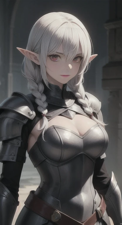 masterpiece, best quality, solo, cursed knight, braids, red eyes, silver hair, elf princess, black armor,