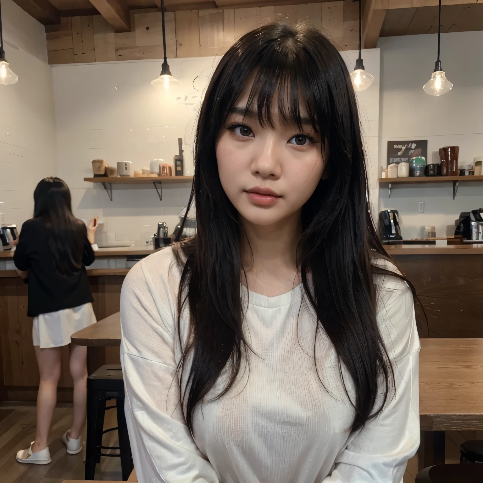 8K raw photo, Best quality, 1girl, realistic, eye and face details, full lips, lipstick, face hd, Asian woman with black hair, hip-length hair, long hair, waist-length hair coreana, asian features, young cute wan asian face, Ulzzang, asian face, a young Asian woman, asian, cute pose, IVE, wet clothes, cute face, wonyoung IVE face, AESPA,wonyoung, wonyoung IVE, IVE girl, black hair, long black hair, blurry background, busty famele, girl with bangs, big, Lee Su-hyun, big breast, pic for instagram, casual photo, photo by iPhone, pfp, seductive and erotic girl, small eyes, asian eyes, long hair, woman attractive (( pechos grandes )), korean bangs, she has bangs, detailed clothing, she has a coffee, coffee shop background, chill coffee shop, coffee shop, cup of coffee on a table