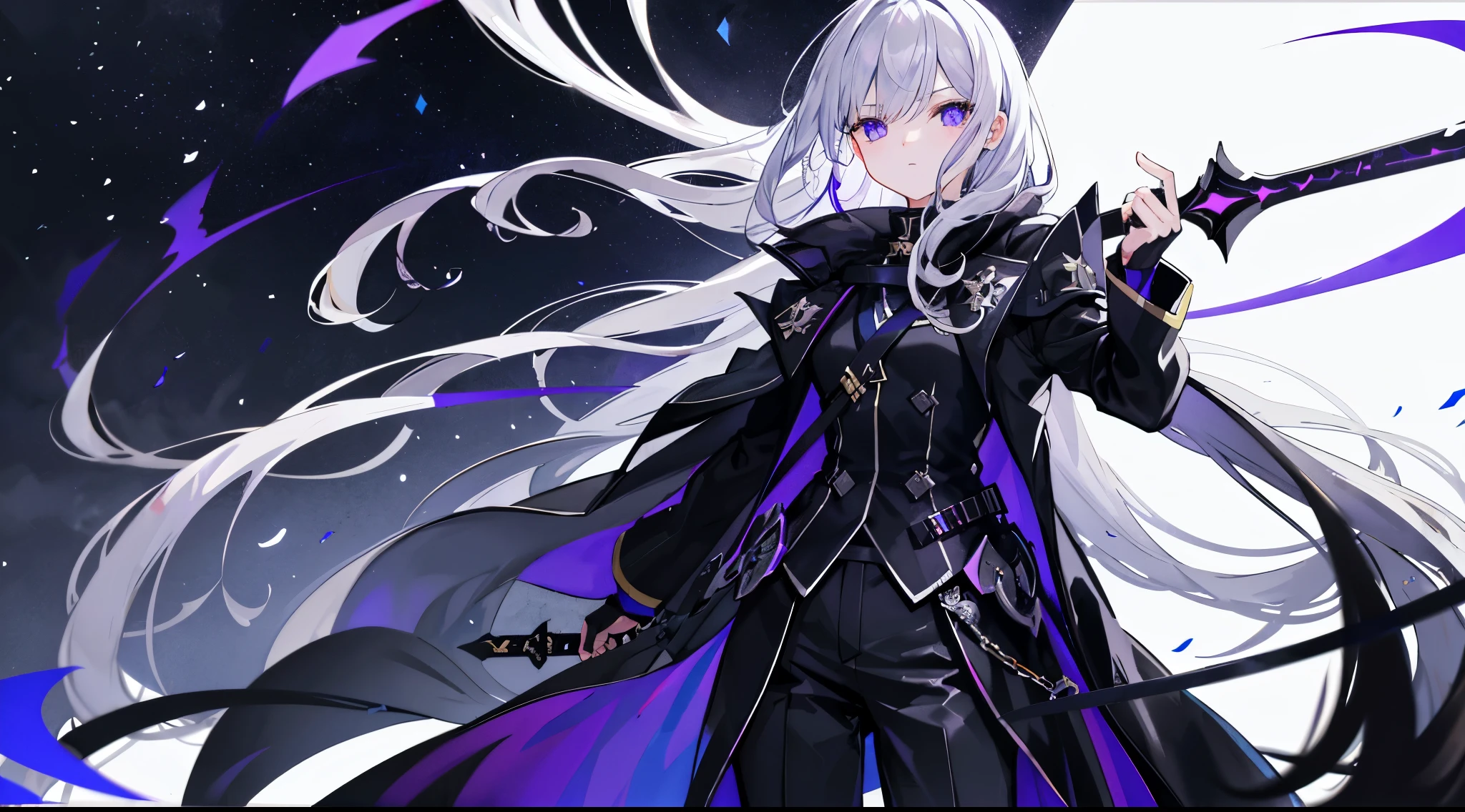 Wearing Darkness,1 Girl,Gray Hair,Long Hair,Purple left eye,blue right eye,With a dark sword,Countless Swords,Dark Aura,Black darkness,Golden Darkness,Black long coat,White Shirt,Black tie,Long trousers, Girls,1 person