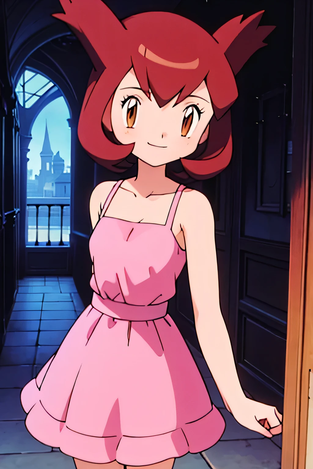 1 girl, solo, Pokemon Heroes (Bianca), Brown Hair, brown eyes, bare shoulders, collarbone, Pink Camisole dress, smile, ballroom, columns, cowboy shot, facing viewer, absurdres, ultra detailed, masterpiece, best quality, Teenager, pokemovies, window of a purple sundown