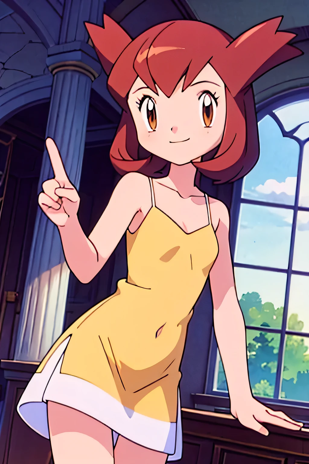 1 girl, solo, Pokemon Heroes (Bianca), Brown Hair, brown eyes, bare shoulders, collarbone, Pink Camisole dress, smile, ballroom, columns, cowboy shot, facing viewer, absurdres, ultra detailed, masterpiece, best quality, Teenager, pokemovies, window of a purple sundown
