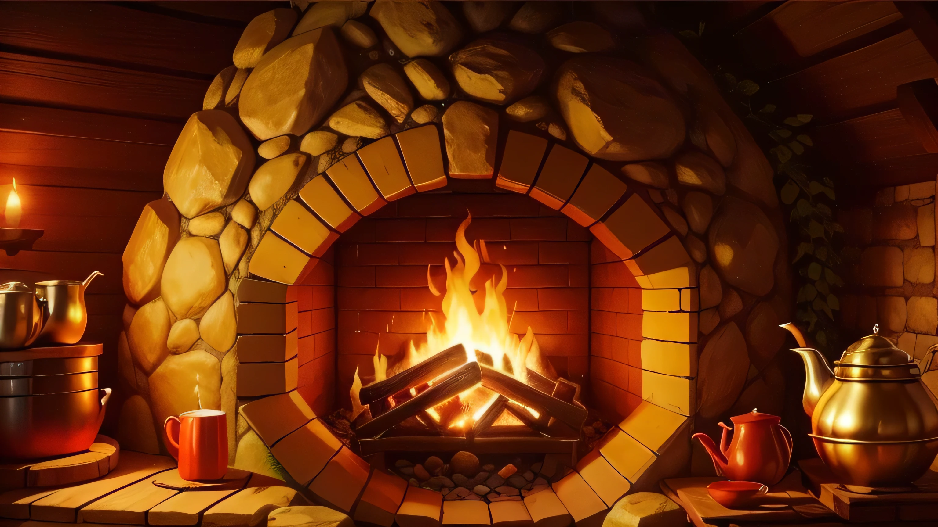 lareira with a fire in it and a lot of pots and pots, lareira rugindo, warm lareira, cosy lareira, lareira, fogo crepitante, irori lareira, arte de fundo, lareira lighting, papel de parede aconchegante, stylized digital illustration, fundo de fogueira, in fantasy tavern near lareira, traditional lareira, fogo brilhante, Arte detalhada de alta qualidade 8k, Detalhe 4k