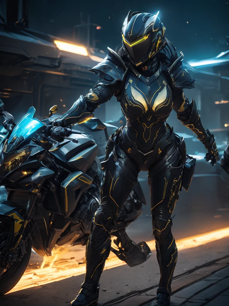 Female sexy hell diver,Large target ,Suggestive Posture,Black armor and yellow,stripe,Full Space Helmet,high resolution、masterpiece、Top quality、Ultra Detailed、masterpiece、Clear focus、Movie-like lighting、An adult woman、Full body depiction、Black reinforced troop armor suit、Helmet covering the head and face、Wear a full face mask、fully armed、full face armor、black combat goggles、black sunglasses、gun shooting、Flash、Night sky、 battlefield、Detailed depiction of the face、Detailed hand drawing、looking at the audience、dynamic action