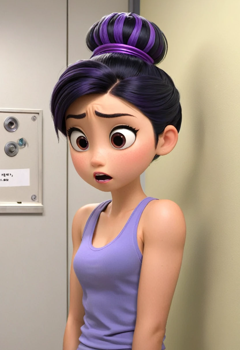 Une Japonaise de 14 ans, cheveux bleu en chignon, collier violet, Grey tank top, terrified, stuck to the wall with super strong black glue in a faulty laboratory, style 3d Pixar