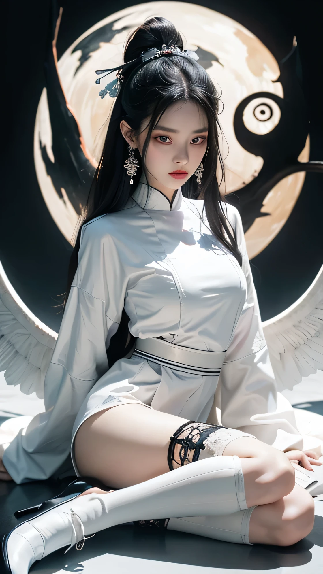 realistic video, artistically sophisticated,fascinating beauty, breathtaking aesthetics, dramatic contrast, atmospheric depth,official art,High saturation,intense coloring,
1 woman,alone,
onmyoji, shikigami summoner, Ofda registration, The Exorcist, yin yang master, dot, white clothes, black stockings, high heel shoes