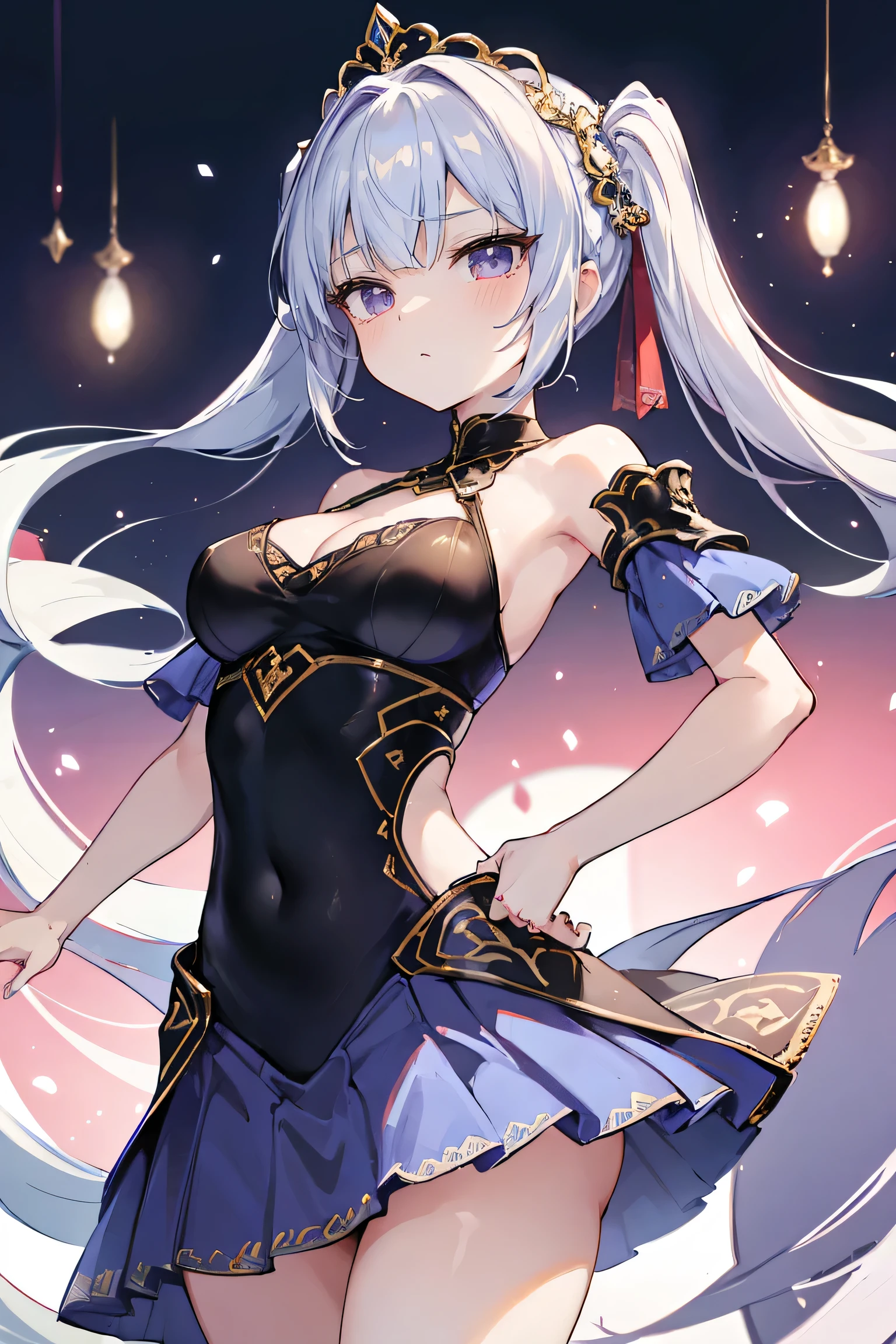 1girl, anime, cute girl, blank background, white background, fantasy, detailed fantasy dress with highlights, beautiful face, beautiful eyes, dark colors, black hair with multicolor streaks, red eye with different color pupil in eye, multicolor eye, medium breasts, slight cleavage, beautiful skin, cute, breast curtains, extremely delicate and beautiful, (beautiful detailed face:1.0), (detailed deep eyes), symmetrical breasts, deep eyes, shiny skin, portrait, slender waist, hips wider than shoulders, thighs, expressionless, young girl, luminous eyes, adorable，（Kpop idol）,（aegyo sal：1），（Platinum blonde hair：1），（（puffy eye）），Black panty，sexy posture，Superskirt, Ultra-high resolution，Black collar，slim figure, Abdominal y tattoo, womb tattoo，Tight-fitting leg ring，y tattoo on half-body，Bare skin, Armored hand，Hidden fingertips，Hand covered，Arm covered，Fist covered,{{beautiful detailed fingers}}, tufts of hair, moderate beautiful breast:1.0,(masterpiece:1.2), best quality, high-res, HDR, perfect face, intricate armor, delicate blue filigree, intricate filigree, red metalic parts, detailed part, dynamic pose, dynamic lights, cute face, neutral expression, shuimobysim, lotus, hanfu, maxi skirt, dress conservatively 1girl, solo, long blue hair, standing, 