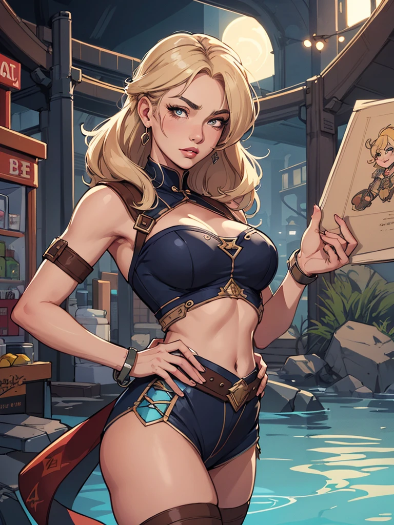 ((solo,1woman, mature, alone))), Cassie Cage , ((blonde hair, undercut, single hair bun, glowing blue eyes, sunglasses, wide eyes, body fur, makeup, narrow waist, skinny, medium breasts)), pelvic curtain, ((black bikini)), full body, perfect body, (insanely detailed, beautiful detailed face, masterpiece, best quality), (extremely detailed 8k paper CG wall unit: 1.1), (beach settings, dusk), (smile face for the viewer),