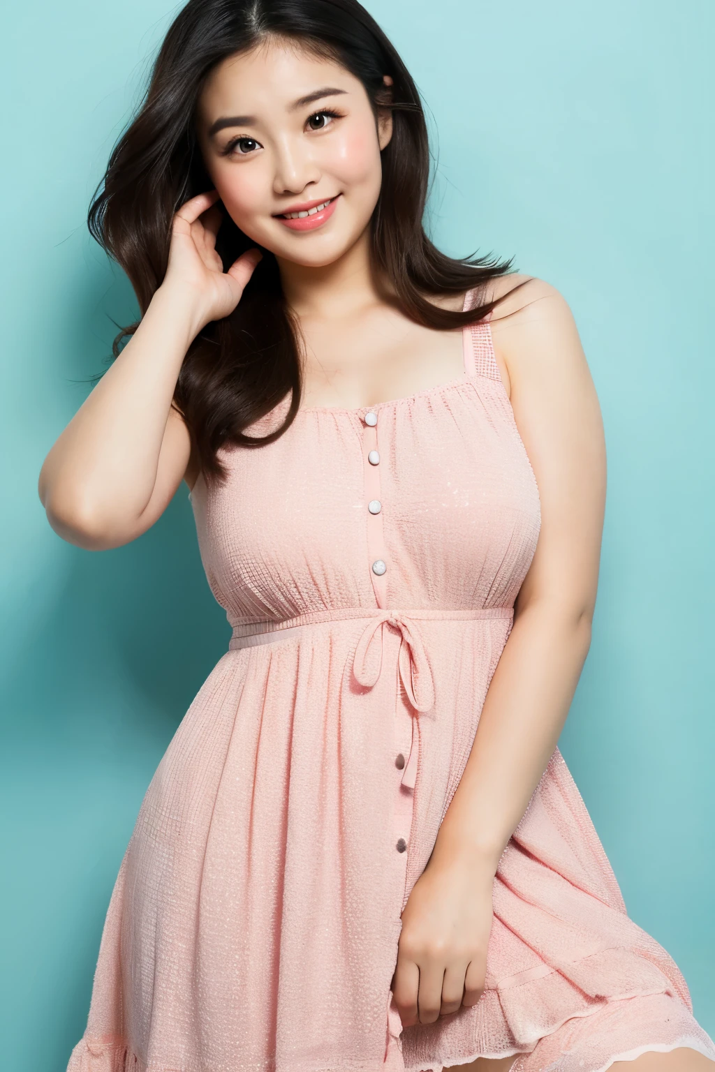 Chubby Real Face Asian Woman Cute Dress Plain background