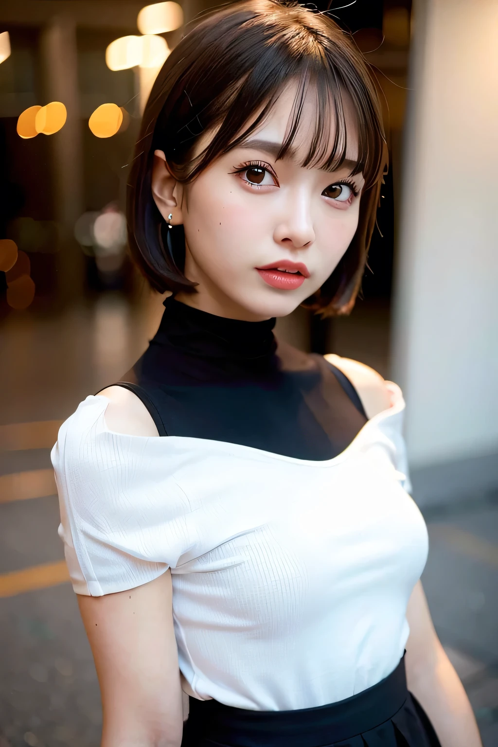 highest quality, Ultra-high resolution, (Realistic:1.4), One girl, off-the-shoulder white shirt, Black tight skirt, Black Choker, (Bobcut:1), (Small breasts:1.2), View your viewers, close ,
