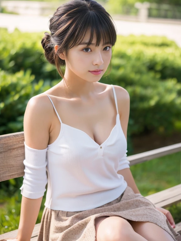 (highest quality, masterpiece, Ultra-high resolution:1.2), (Photorealistic:1.3), (RAW Photos:1.3), 8k, 16k, 32k, 1 girl, Ultra-high resolution, Professional artwork, Very detailed, Complex, Detailed face, 1 girl, (Japanese Girls:1.3), (alone, whole body, Wide Shot, 18-year-old:1.3), short hair, Boyish pose, Off the shoulder、mini skirt、Outdoor、sit、 Bare legs、Small breasts、Cleavage、Hands to the side、