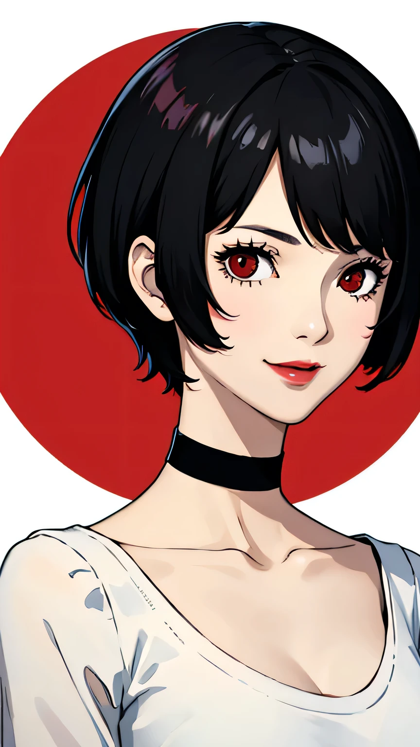 1 girl, red eyes, very Short hair, black choker, lipstick, portrait, smile, black hair, small ??????, shirt