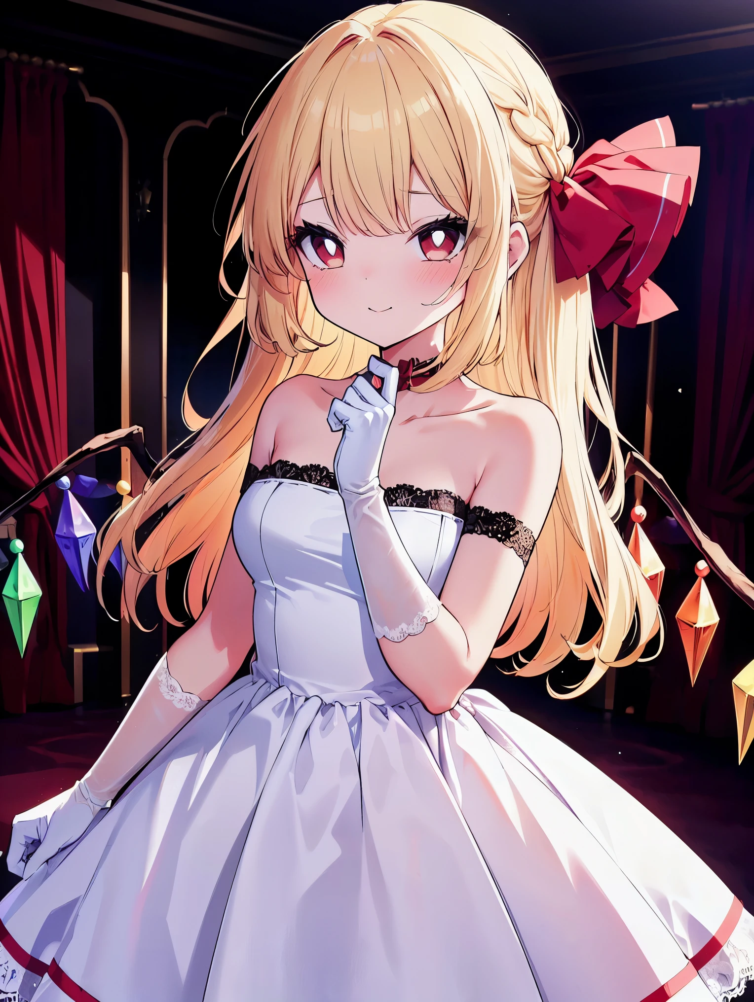 (cowboy shot), (colorful:1.1), vibrant color, (ultra-high resolution, depth of field:1.2), (Flandre scarlet), (1woman), (adult), in her 20s, Touhou project, (medium breasts), (red eyes), white pupils, (blonde hair), wavy hair, (long hair:1.3), (french braid:1.2), red ribbon, (white strapless dress:1.2), (wearing a white strapless dress:1.2), frills, (long white lace gloves), (elegant ballroom scenery:1.2), gentle smile, (blushing), dim lighting