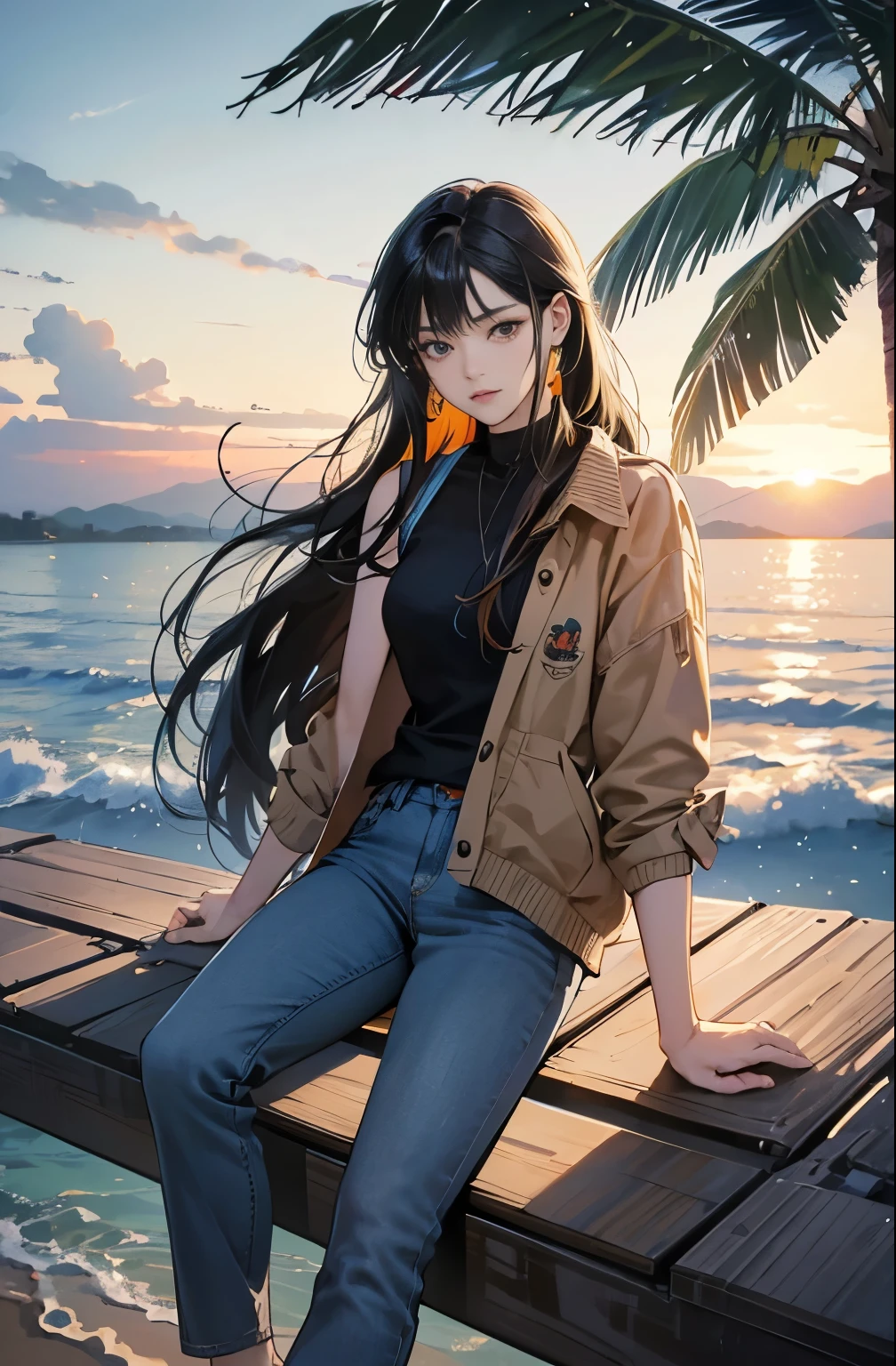 Very colorful, High sense, Pop feel, Orange and Indigo Keynote, Summer image, Palm tree, Beach, Anime woman with long black hair, Around 35 years old, Wearing a jacket, Sublime Dreams, Older Woman, longing, First Love, Melancholic expression, Eternal summer, Blue Jeans, Perfect tall model figure, Cool Beauty, Mysterious, Melancholic expression, It will happen, Anime drawing by Yang J, Art Station Trends, realism, extremely detailed The buds of art, Realistic anime 3D style, Anime Style 4 k, Up to the model | The buds of art, Anime Style. 8k, Casual clothing, Realistic anime art style, style The buds of art, Sharp contours, highest quality, The perfect angle, Perfect composition, Best Shot, Official Art，CD jacket, 80&#39;City Pop, Very stylish, fashionable