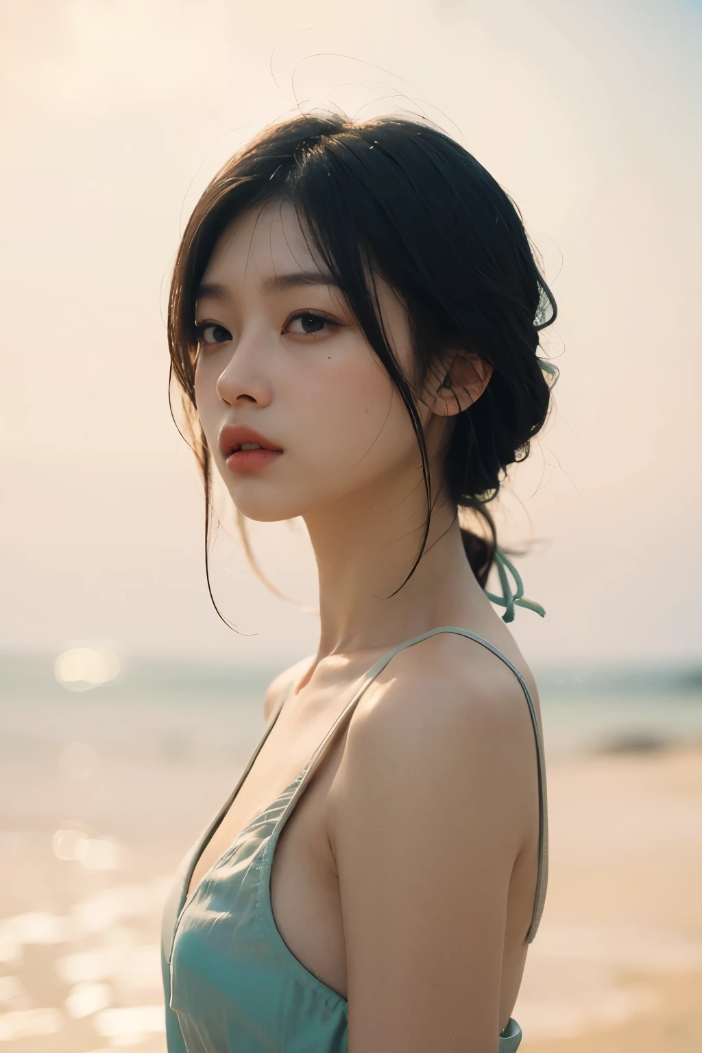 A 20-year-old female, Blonde,Dark theme, Soothing Tones, pastel colors, High contrast, (Natural skin texture, Surrealism, Soft Light, sharp),Exposure Blending, Medium shot, Bokeh, (nffsw:1.4), High contrast, (Movie, Cyan and Orange:0.85), (pastel colors, Dull Color, Soothing Tones:1.3), Low saturation, (Super detailed:1.2), (black:0.4)