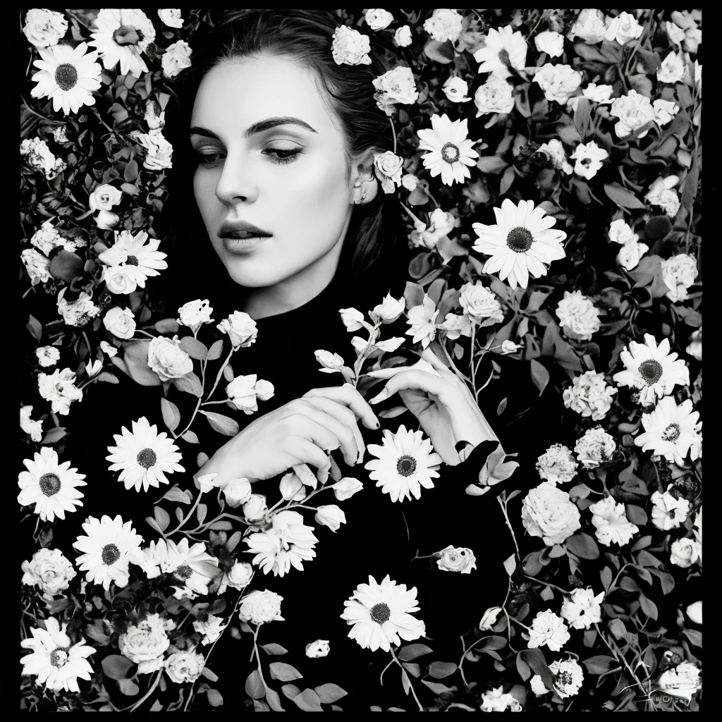 arafed image of a woman in a black dress surrounded by flowers, by Relja Penezic, black and white artistic photo, by Lucia Peka, flora borsi, by Mirko Rački, by Kristian Kreković, by Ludwik Konarzewski, nicolas delort
