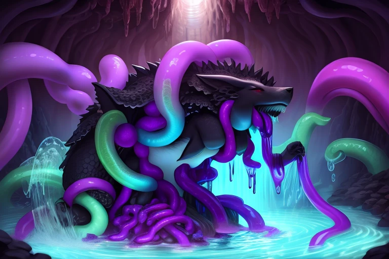 ((Best quality)), Lust, cave, full with tentacle, liquid, breeding, fantasy, breeding cycle, water.