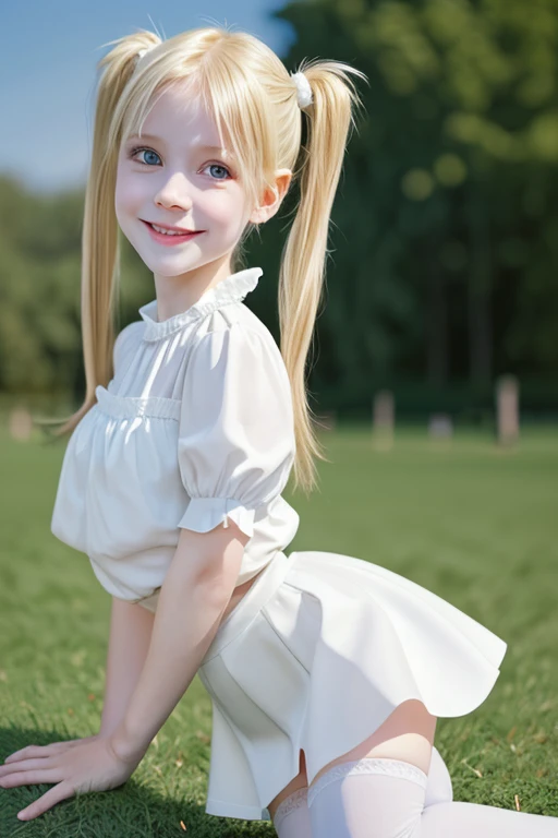 ,***************,playful pose,dynamic pose,with your legs spread,transparent white blouse,short black skirt,white stockings,blonde hair,cute pigtails,beautiful detailed eyes,long eyelashes,bright smile,innocence,fair skin,soft shadows,dreamlike,serene landscape,concept artist's imagination,ultra-fine painting,physically-based rendering