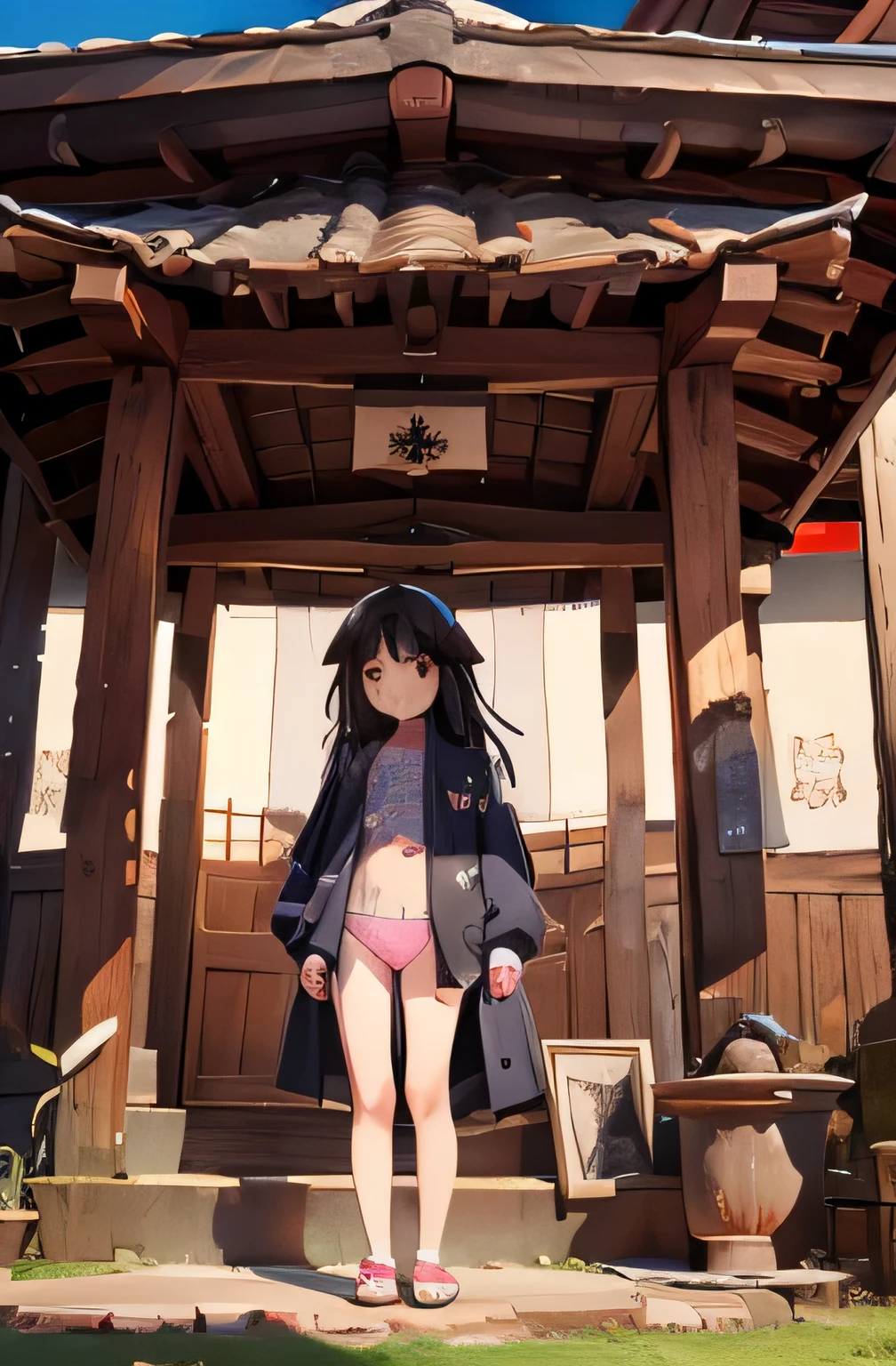 Girls  8 yearser 100 height, dress, small breasts, patterned cotton panties, fabric realistic, black long hair, no jacket, old shrine