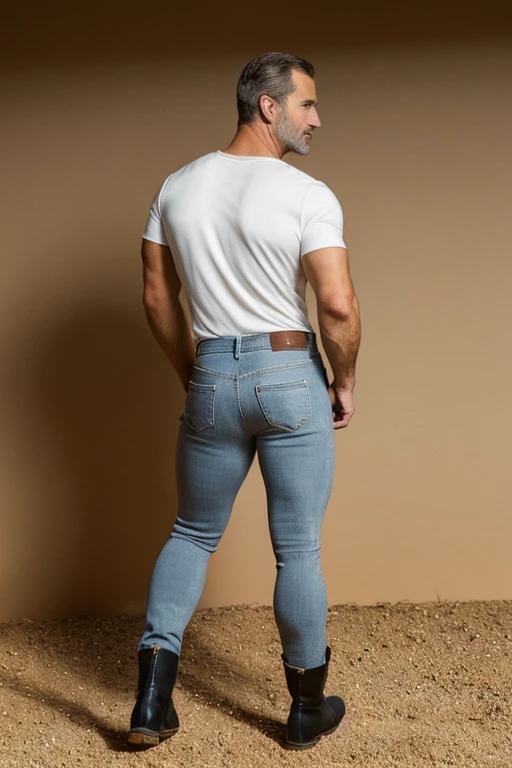 photo, handsome man felipe vi, daddy, shirtless, gray jeans, boots, ranch, farm, photoshoot, muscular, veins, realism, natural lighting epiCPhoto, big muscular body backside