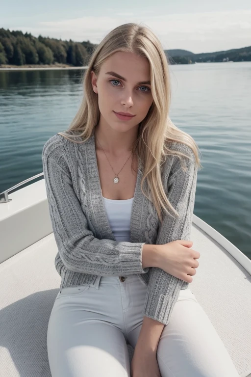 foto de instagram de alta calidad, closeup of a 20 year old scandinavian girl, rubia, sexy, de corta altura, ojos gris avellana, cuerpo recostado boca arriba, white blazer white pants black sweater, en yate con fondo de lago, larger head and short torso, 