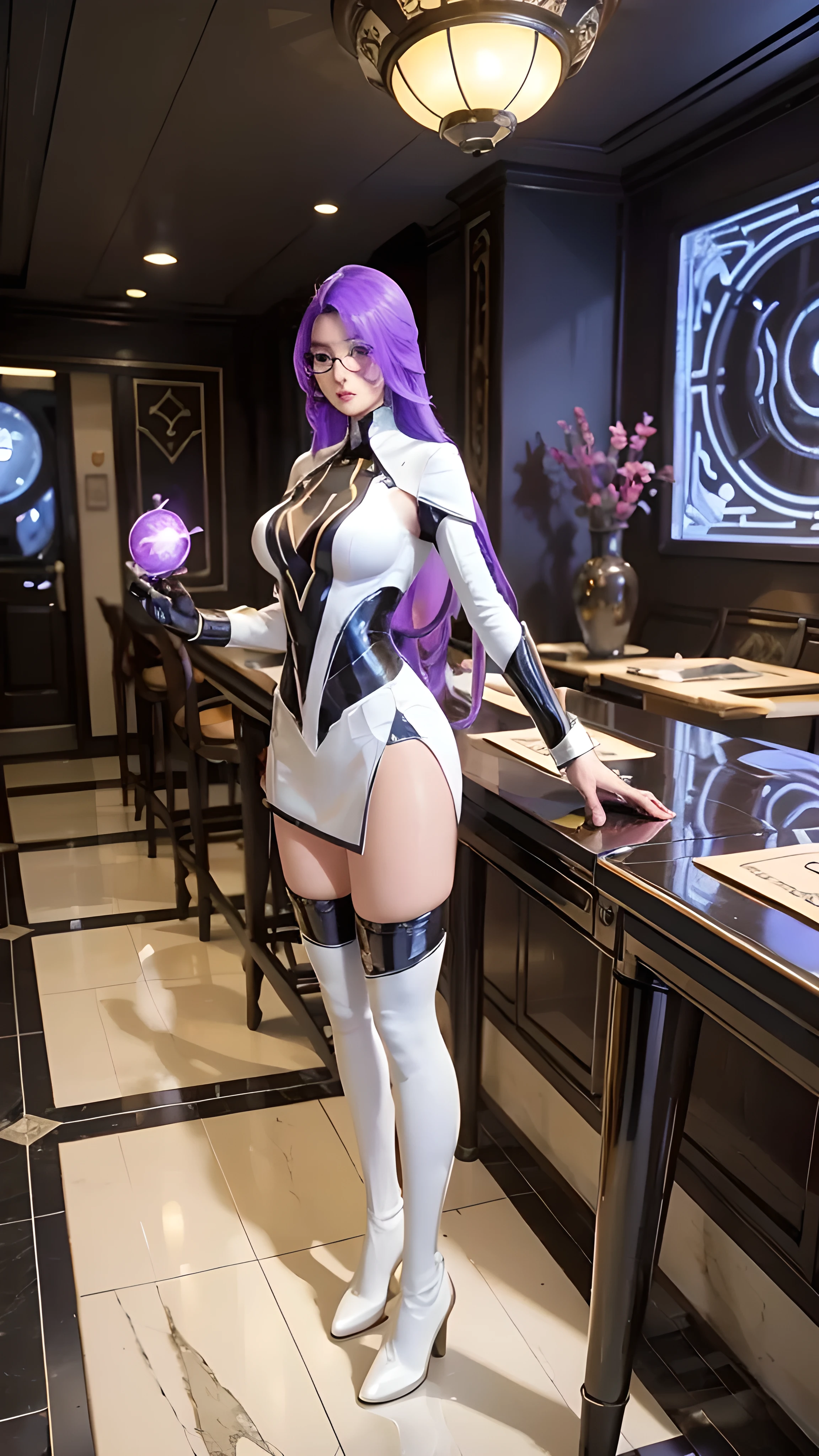 Veres_Interstellar_council, 1girl, solo, long hair, breasts, large breasts, thighhighs, white thighhighs, yellow eyes, lips, makeup, lipstick, ((glasses)), purple hair, hair over one eye, boots, thigh boots, shoes, high heels, science fiction, star (sky), space, interstellar, indoors, cup, chair, table, scenery, plate, tiles, tile floor, sink, restaurant, ceiling light, night, lantern, wooden floor, potted plant, lamp, architecture, east asian architecture, fish, goldfish,(Standing)