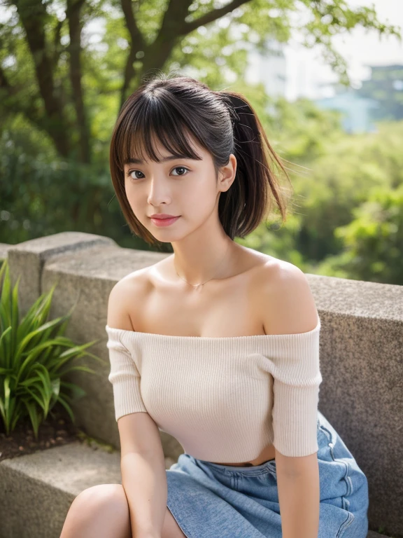 (highest quality, masterpiece, Ultra-high resolution:1.2), (Photorealistic:1.3), (RAW Photos:1.3), 8k, 16k, 32k, 1 girl, Ultra-high resolution, Professional artwork, Very detailed, Complex, Detailed face, 1 girl, (Japanese Girls:1.3), (alone, whole body, Wide Shot, 18-year-old:1.3), short hair, Boyish pose, Off the shoulder、mini skirt、Outdoor、sit、　Bare legs、、Small cleavage、Hands to the side、