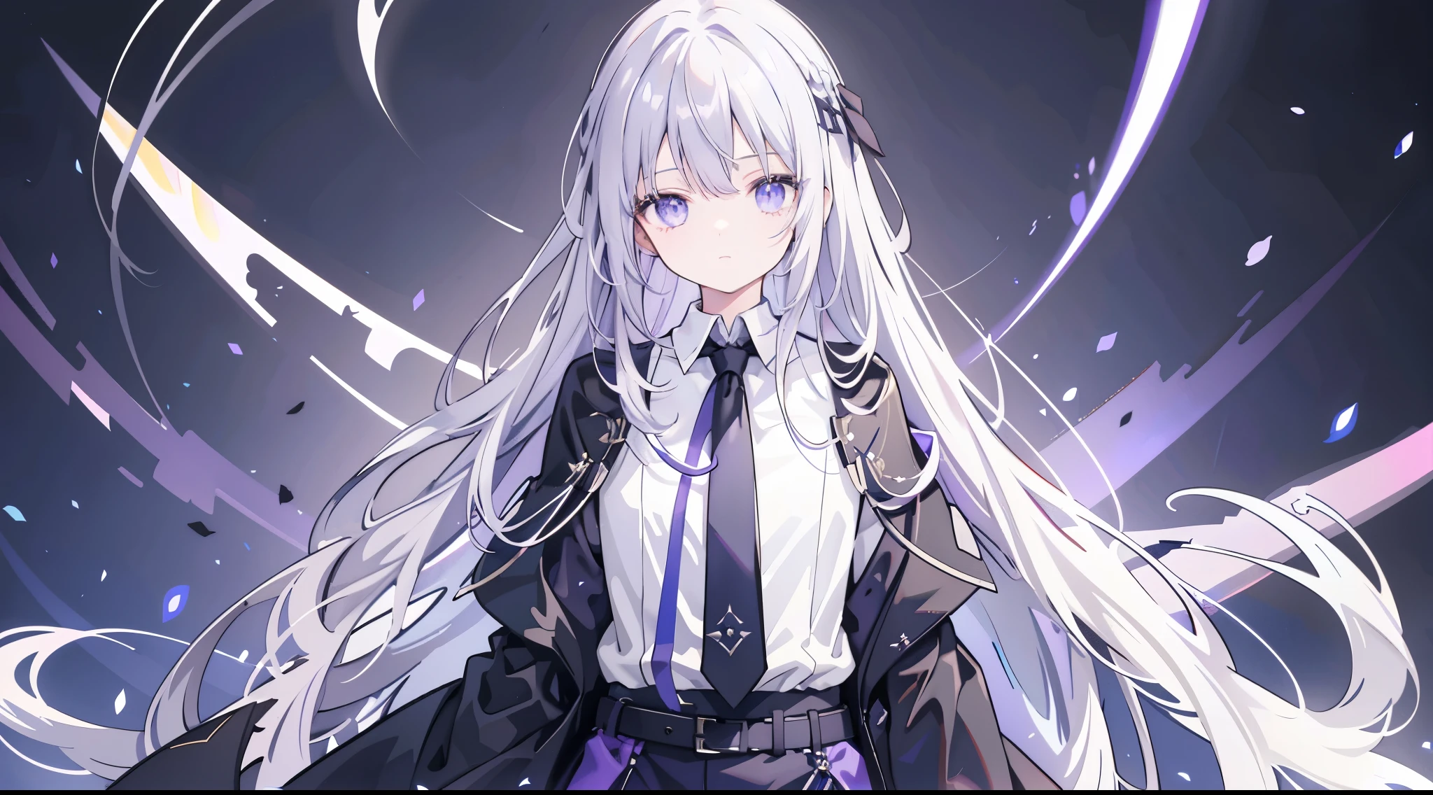 Wearing Darkness,1 Girl,Gray Hair,Long Hair,Purple left eye,blue right eye,With a dark sword,Countless Swords,Dark Aura,Black darkness,Golden Darkness,Black long coat,White Shirt,Black tie,Long trousers, Girls,1 person