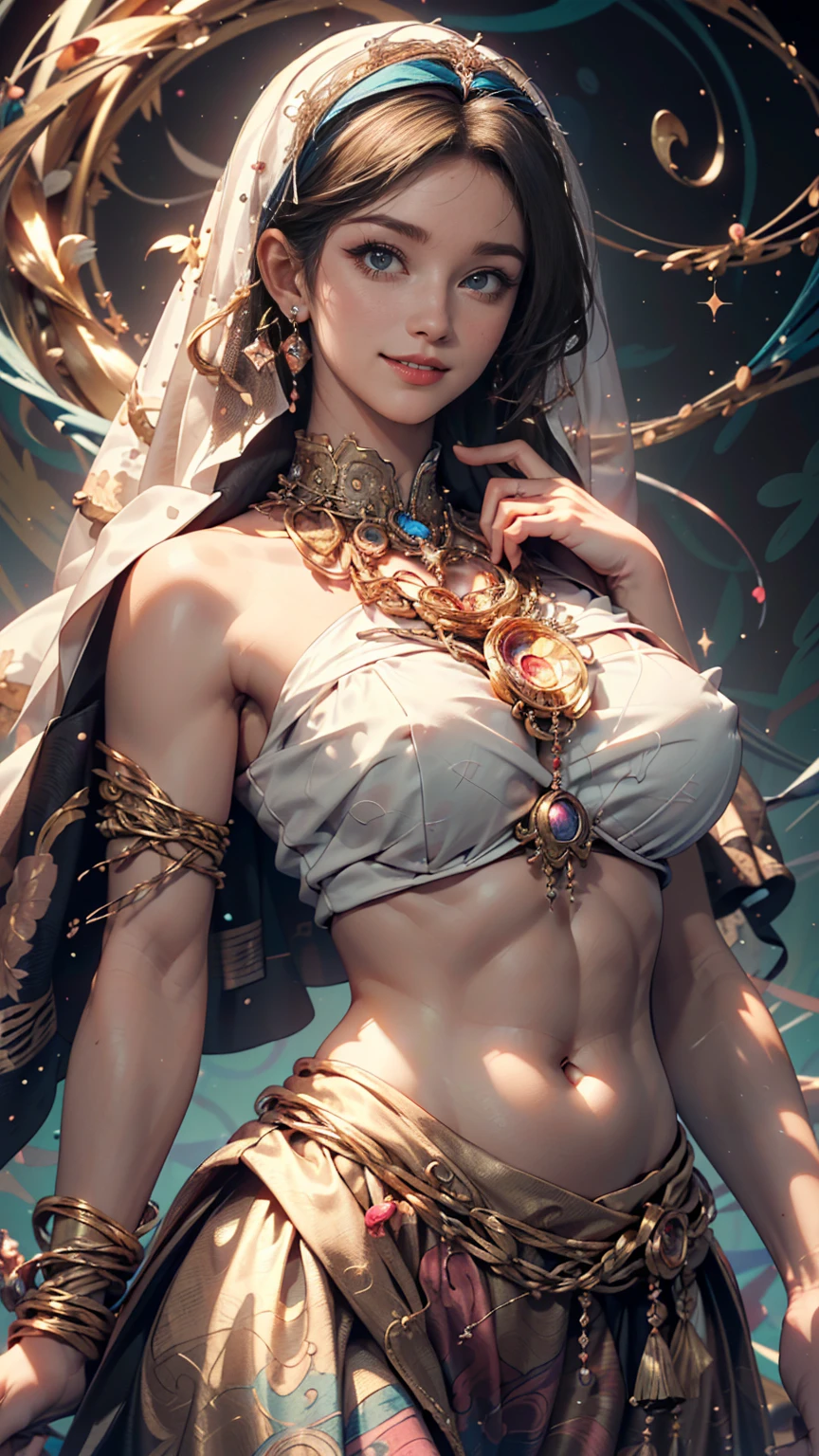 (masterpiece, highest quality, highest quality, Official Art, beautifully、aesthetic:1.2), (One girl:1.3), Very detailed,(Fractal Art:1.2),colorful,Most detailed,(Tangled:1.2), (Dynamic pose), (Abstract background:1.5), (Shiny skin), (Many colors:1.4), Belly button visible、Faint abdominal muscles visible、smile、Face Veil((mouth veil))、naked