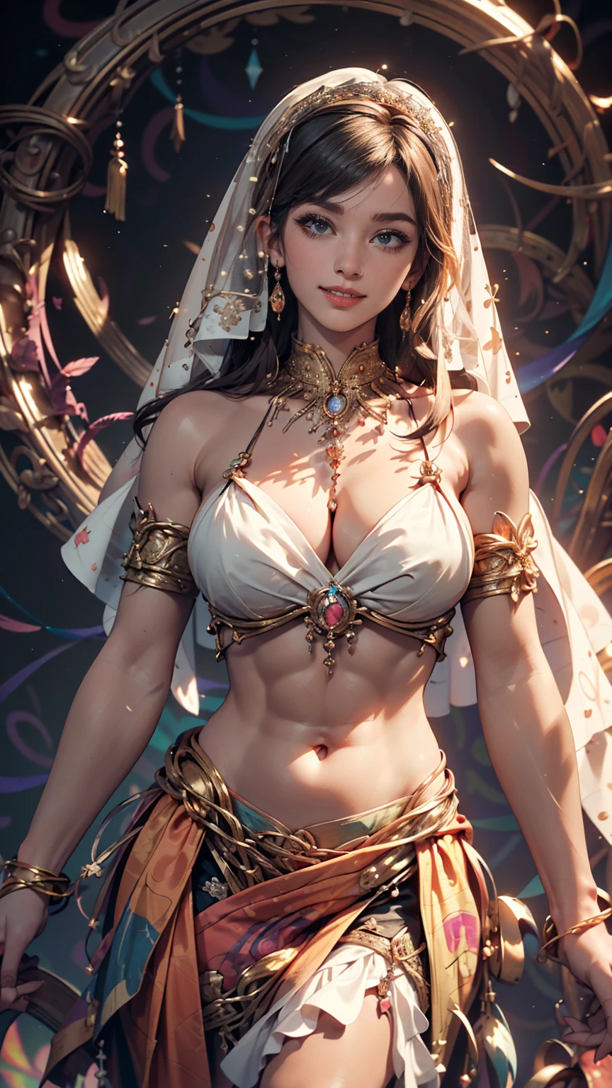 (masterpiece, highest quality, highest quality, Official Art, beautifully、aesthetic:1.2), (One girl:1.3), Very detailed,(Fractal Art:1.2),colorful,Most detailed,(Tangled:1.2), (Dynamic pose), (Abstract background:1.5), (Shiny skin), (Many colors:1.4), Belly button visible、Faint abdominal muscles visible、smile、Face Veil((mouth veil))、naked