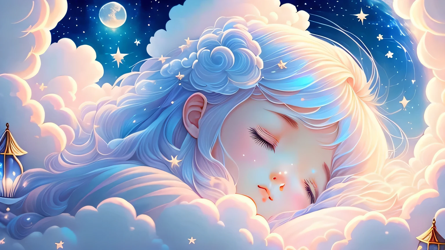 Dreamy sky, sleeping on the moon。many fluffy clouds。As estrelas,light colors hair,Bushy hair,gossamer, fairy tale painting, A masterpiece of bright light,stunning art, lamplight! Fantastic art, fairy tale artwork, inspiring art, fantastic work of art