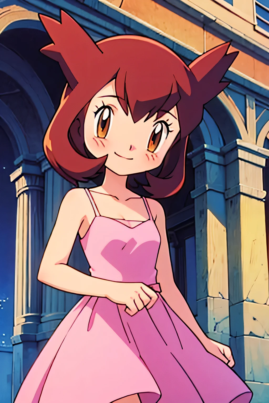 1 girl, solo, Pokemon Heroes (Bianca), Brown Hair, brown eyes, bare shoulders, collarbone, Pink Camisole dress, blush, smile, ballroom, columns, cowboy shot, facing viewer, absurdres, ultra detailed, masterpiece, best quality, Teenager, pokemovies, window of a purple sundown
