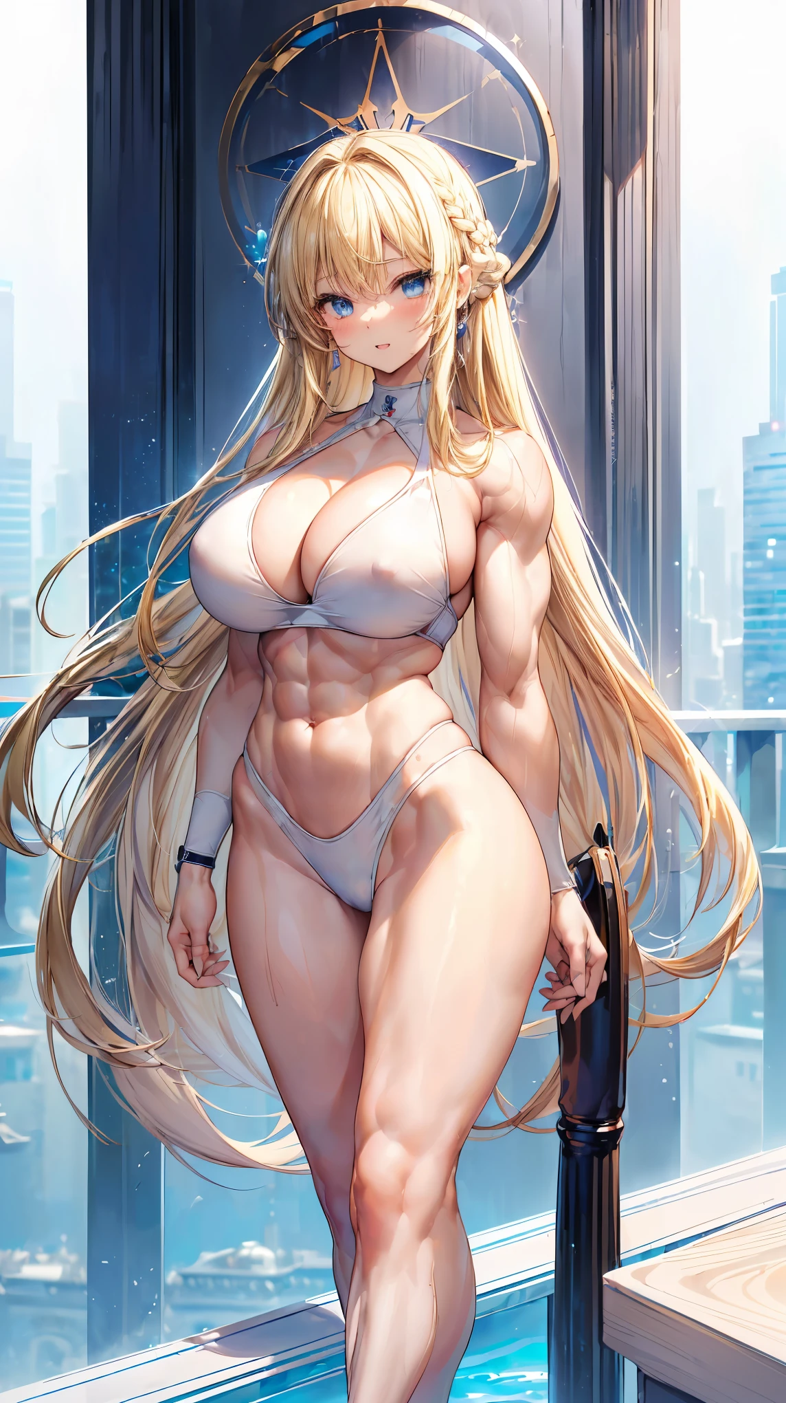 Very detailed、highest quality、Best image quality、masterpiece、8k、Anime Face、A kind smile、(Open your mouth:1.3)、Sparkling blue eyes、(Blonde semi-long hair:1.5)、(Muscles of the whole body:1.3)、(High leg:2.0)、Thigh belt、(White high cut bikini:1.5)、(Upper body photo:1.5)、(SFW Giant)、(Thick body:1.2)