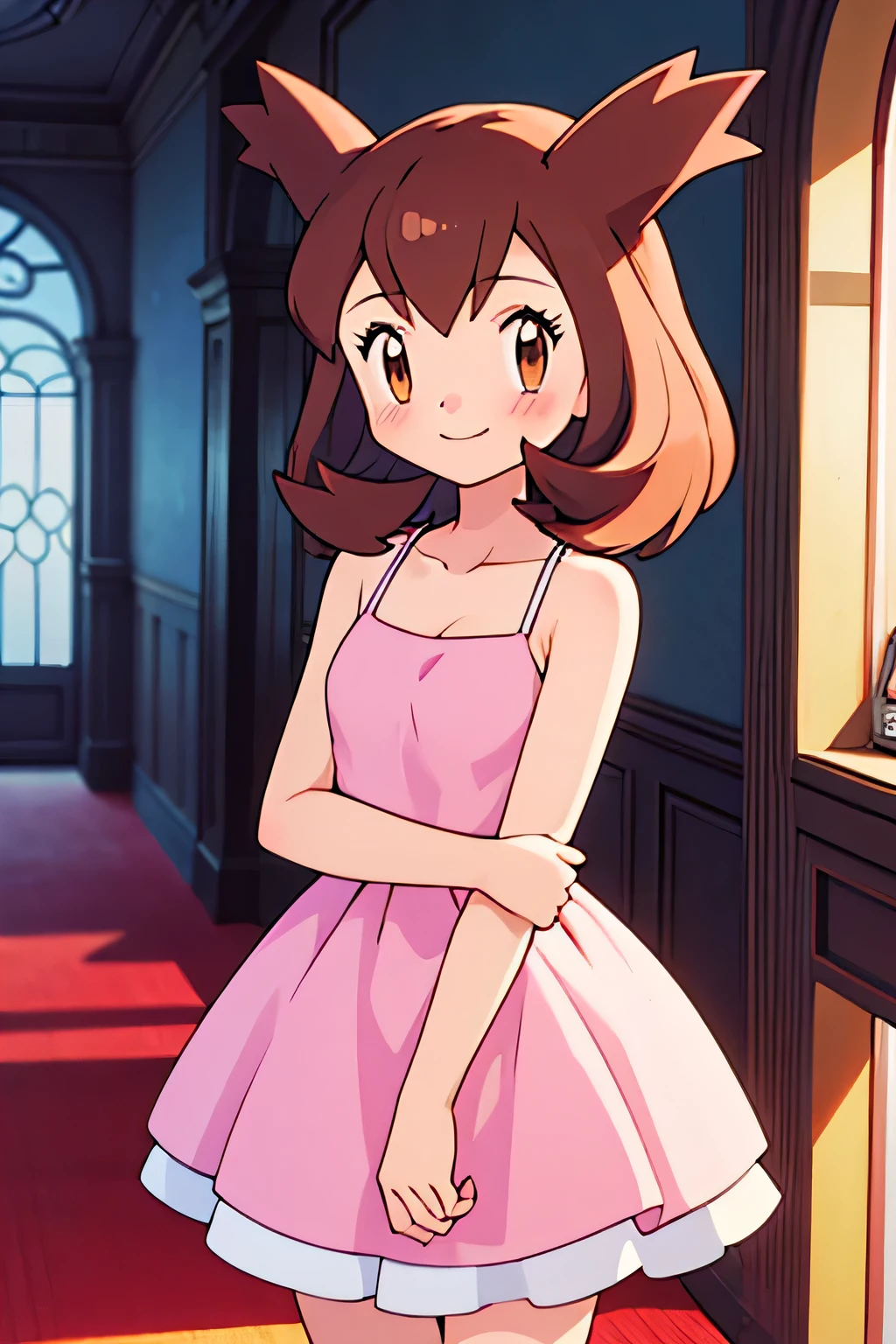 1 girl, solo, Pokemon Heroes (Bianca), Brown Hair, brown eyes, bare shoulders, collarbone, Pink Camisole dress, blush, smile, ballroom, columns, cowboy shot, facing viewer, absurdres, ultra detailed, masterpiece, best quality, r, pokemovies, window of a purple sundown