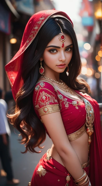 In the bustling streets of a vibrant Indian city, amidst the kaleidoscope of colors and scents, a woman (((Anne Hathaway: Selena Gomez:0.6))) clad in a vibrant red saree and a black blouse becomes an ethereal sight that captivates all who lay eyes upon her. Her undeniable beauty transcends time and space, leaving onlookers spellbound.
Describe the scene as the woman, with her graceful presence, glides through a crowded marketplace, where merchants and shoppers pause to admire her radiance. Decorate the street with lights and candlee, The atmosphere is alive with whispers as her mesmerizing allure evokes a sense of awe and admiration. Fire works behind
Embark on a journey to reveal the woman’s story—her name, her background, her passions—and the reasons behind her choice of attire. Explore her persona, intertwining elements of mystery and allure, as people speculate on the secrets hiding behind her enchanting gaze.
Incorporate the sights, sounds, and emotions that surround this extraordinary woman, as she navigates through the city’s vibrant tapestry. Whether it be the scent of freshly ground spices, the distant sound of temple bells, or the intricate henna designs adorning her hands, immerse the reader in the sensory experience of this captivating moment.
As the story unfolds, her path intertwines with that of a curious photographer who becomes determined to capture her undeniable beauty in a single photograph. Describe their encounters, the photographer’s attempts to understand her story, and the profound impact this woman’s presence has on his own life.(Blur Background:1.6), (Blue Hue:0.8), (Auto focus:1.4) fully naked