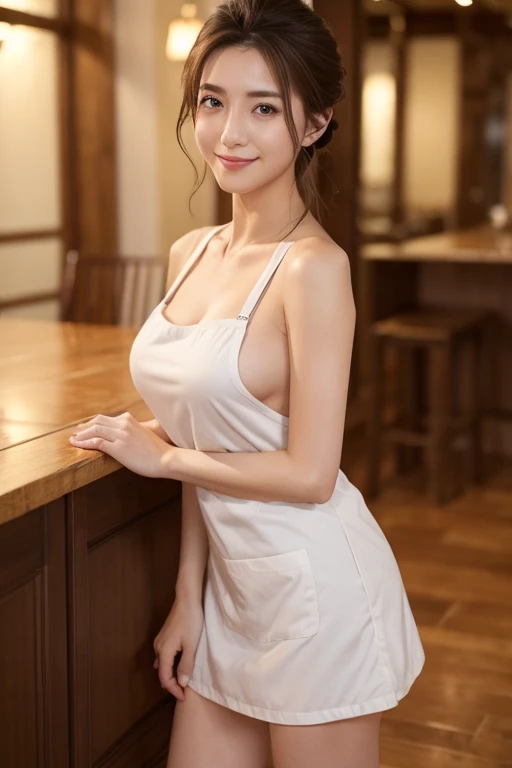 ((top-quality、8K、​masterpiece:1.3))、1girl in、Apron naked、very beautiful face、Beauty of slim abs:1.3、(Casual Hairstyles、huge tit:1.2)、Apron naked:1.1、an ultra-Small Face、A detailed eye、double eyelid、a smile、kitchin、focus、cleavage of the breast、teats、erected nipples, full body, showed whole body, Shooting a subject from the side
