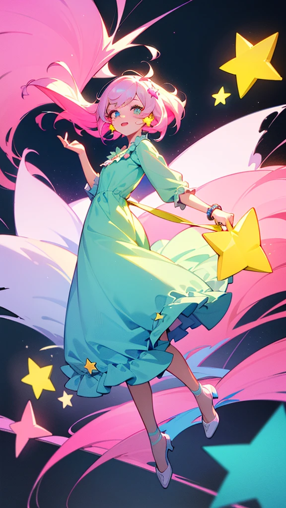 ((best quality)), ((masterpiece)), (detailed), perfect face. girl from a neon game. bright neon colors. She has long pastel pink hair with little pastel yellow star clips. her eyes are a bright blue color. She is coming at the screen. she is wearing a cute puffy pastel nightgown dress and a pastel yellow star bag. her face is leaning into the screen. bright neon pastel pink, blue, and yellow colors. art is mostly bright and pastel colors. a game character that is slightly floating. full body