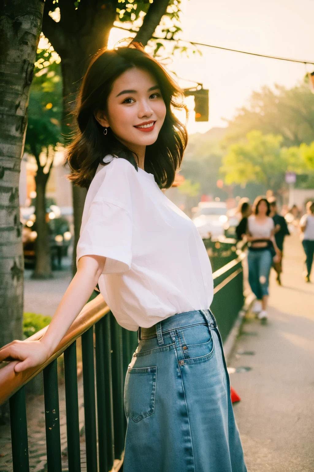 best quality,masterpiece,Ultra-high resolution,(RealistiCity:1.4),original photo,Movie Lighting,
Hongkong Style,Hongkong, 1 Girl, 1 boy, Brown hair, Smile, architecture, outdoor, shirt, City, Practical, Tree, denim, jeans, Black Hair, skirt, Photo Background, road