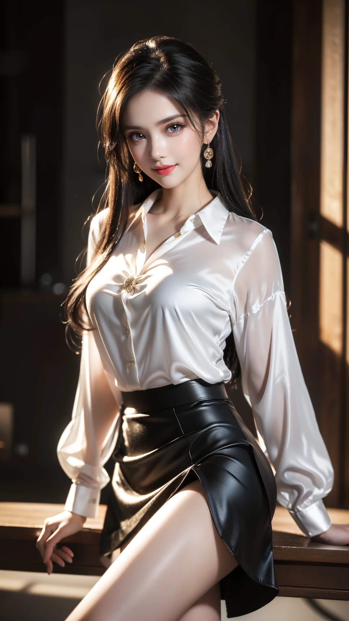 (best quality,ultra-detailed,photo-realistic:1.37),extremely beautiful eyes, Bright and Vibrant colors,studio lighting, playful expression, Extremely detailed eyes, stylish makeup,Beautiful Fashion Model Posing, bow blouse silk shirt, long loose shirt, (mini black pensil skirt) (skin tight skirt), Slim Figure, Medium Round BREAST, high fashioned, silver hair flowing in the wind,alluring eyes,glossy lips,sexy pose, smiling in a confident and seductive way, posing for a professional photoshoot, shallow depth of field, highlighting the main subject, soft natural lighting, creating a dreamy and magical atmosphere.