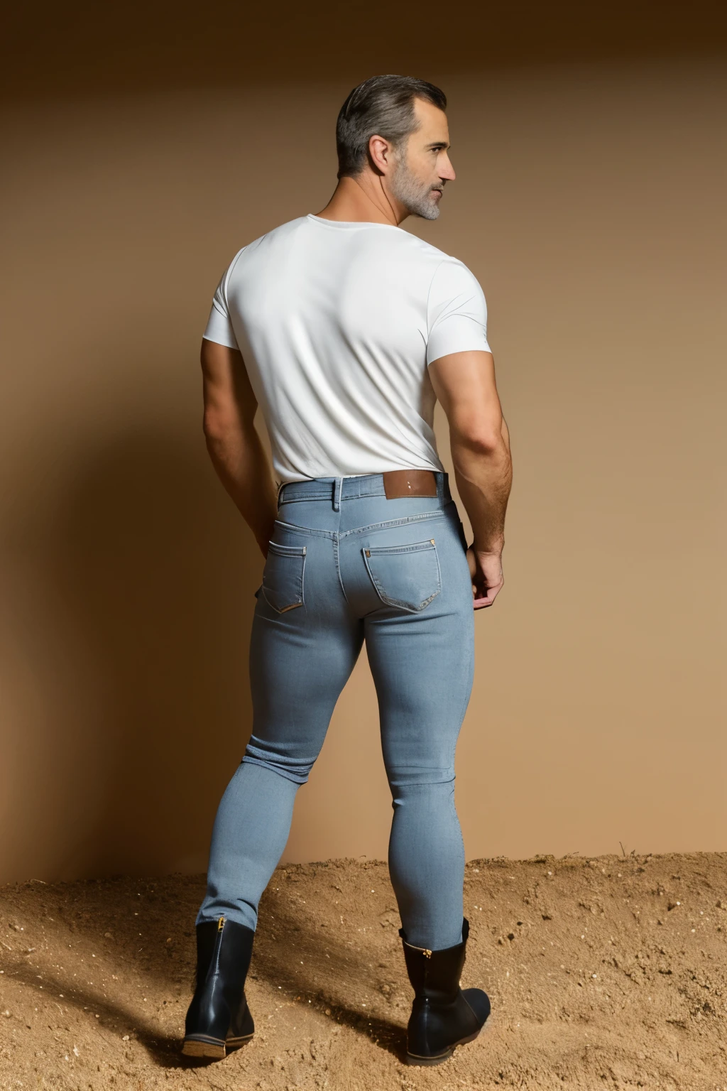 photo, handsome man felipe vi, daddy, shirtless, gray jeans, boots, ranch, farm, photoshoot, muscular, veins, realism, natural lighting epiCPhoto, big muscular body backside 