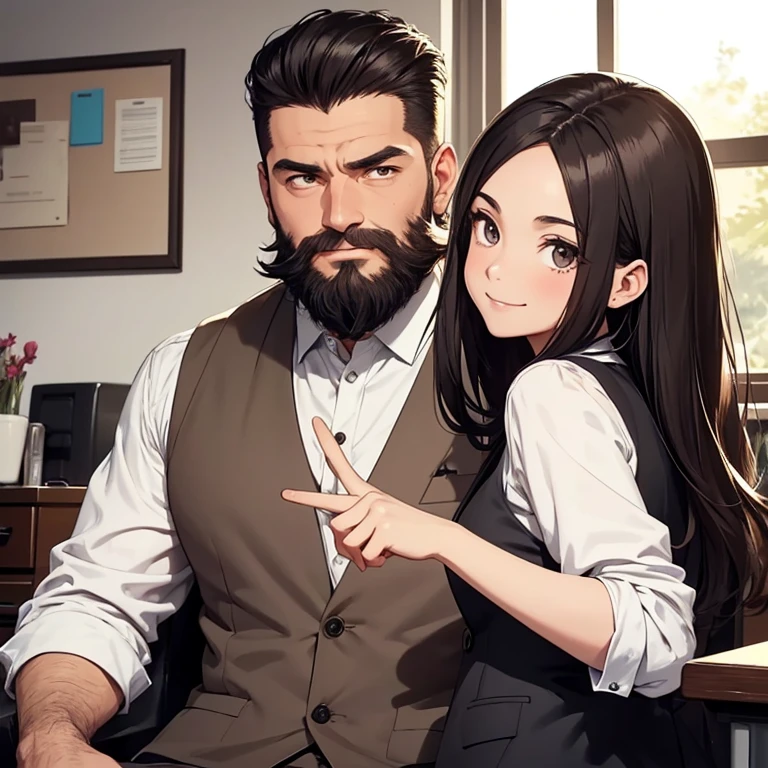 Drawing portrait of a serious 45-year-old man, Much older than the girl, and he is sitting in his office chair with a young girl by his side. The man has black hair combed back in a pompadour style, and the sides are shaved, the length of his hair is short, and has a beard. He wears a vest/suit. The girl is smiling and funny and wears casual clothes. She has long, dark brown hair, fair skin, long brown hair, and is short. And she's making the peace sign with her fingers.