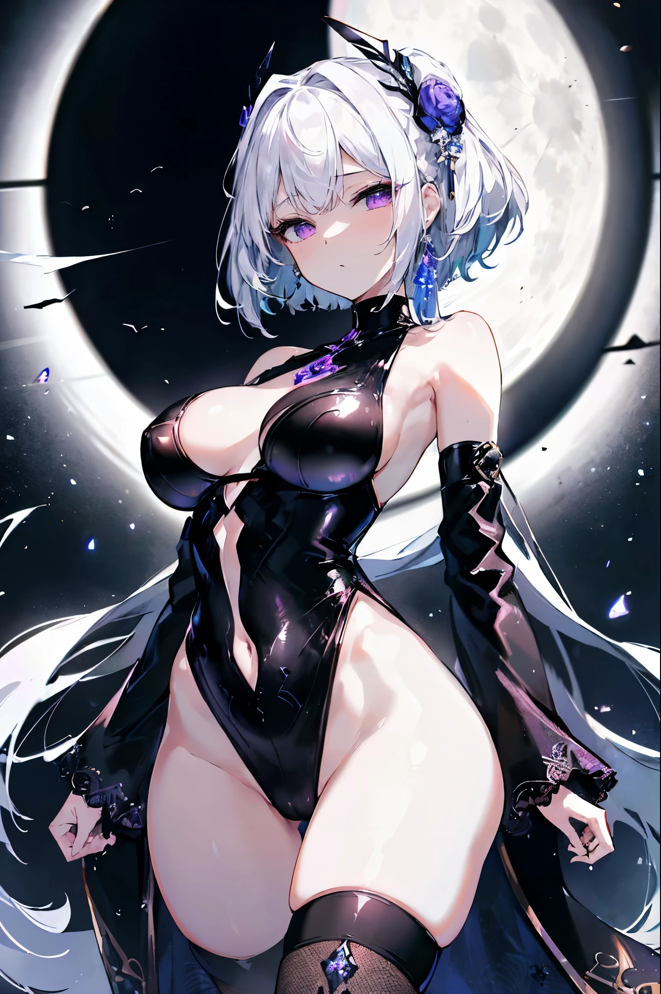 1girl, anime, cute girl, blank background, white background, fantasy, detailed fantasy dress with highlights, beautiful face, beautiful eyes, dark colors, black hair with multicolor streaks, red eye with different color pupil in eye, multicolor eye, medium breasts, slight cleavage, beautiful skin, cute, breast curtains, extremely delicate and beautiful, (beautiful detailed face:1.0), (detailed deep eyes), symmetrical breasts, deep eyes, shiny skin, portrait, slender waist, hips wider than shoulders, thighs, expressionless, young girl, luminous eyes, adorable,(Kpop idol),(aegyo sal:1),(Platinum blonde hair:1),((puffy eye)),Black panty,sexy posture,Superskirt, Ultra-high resolution,Black collar,slim figure, Abdominal y tattoo, womb tattoo,Tight-fitting leg ring,y tattoo on half-body,Bare skin, Armored hand,Hidden fingertips,Hand covered,Arm covered,Fist covered,{{beautiful detailed fingers}}, tufts of hair, moderate beautiful breast:1.0,(masterpiece:1.2), best quality, high-res, HDR, perfect face, intricate armor, delicate blue filigree, intricate filigree, red metalic parts, detailed part, dynamic pose, dynamic lights, cute face, neutral expression, shuimobysim, lotus, hanfu, maxi skirt, dress conservatively 1girl, solo, long blue hair, standing, One lady,14years,((White hair) ,((Normal breasts)), (Shiny purple bodysuit with microskirt),((Fantasy, Moon Night))