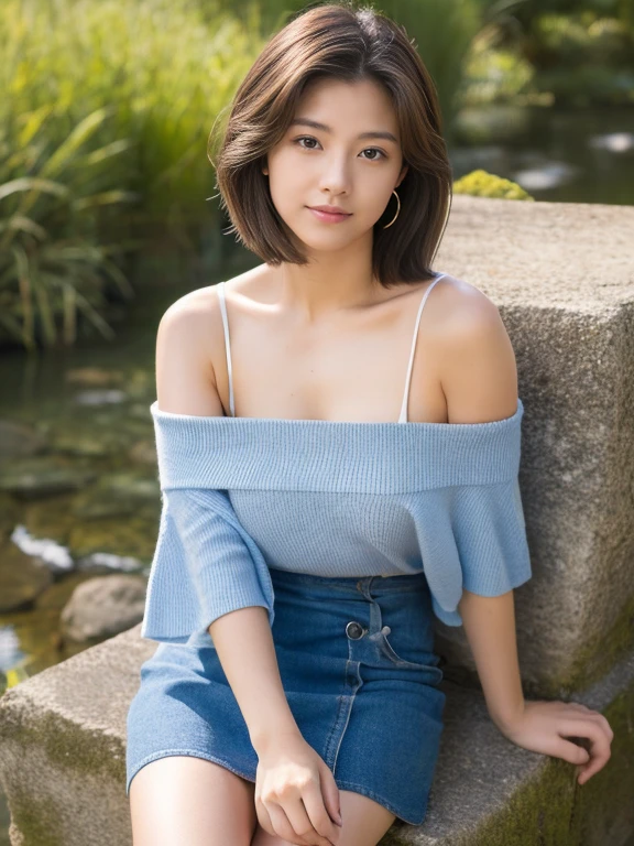 (highest quality, masterpiece, Ultra-high resolution:1.2), (Photorealistic:1.3), (RAW Photos:1.3), 8k, 16k, 32k, 1 girl, Ultra-high resolution, Professional artwork, Very detailed, Complex, Detailed face, 1 girl, (Japanese Girls:1.3), (alone, whole body, Wide Shot, 18-year-old:1.3), short hair, Boyish pose, Off the shoulder、mini skirt、Outdoor、sit、 Bare legs、、Small cleavage、(Hands at the side)