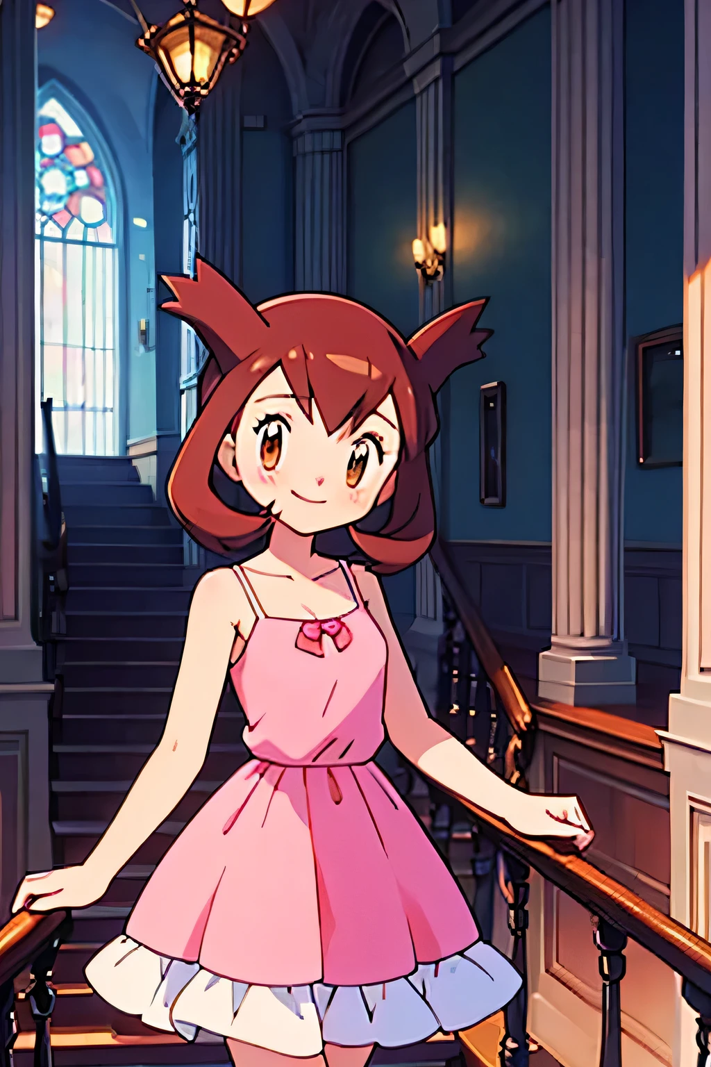 1 girl, solo, Pokemon Heroes (Bianca), Brown Hair, brown eyes, bare shoulders, collarbone, Pink Camisole dress, blush, smile, ballroom, staircase, columns, cowboy shot, facing viewer, absurdres, ultra detailed, masterpiece, best quality, Teenager, pokemovies, window of a purple sundown