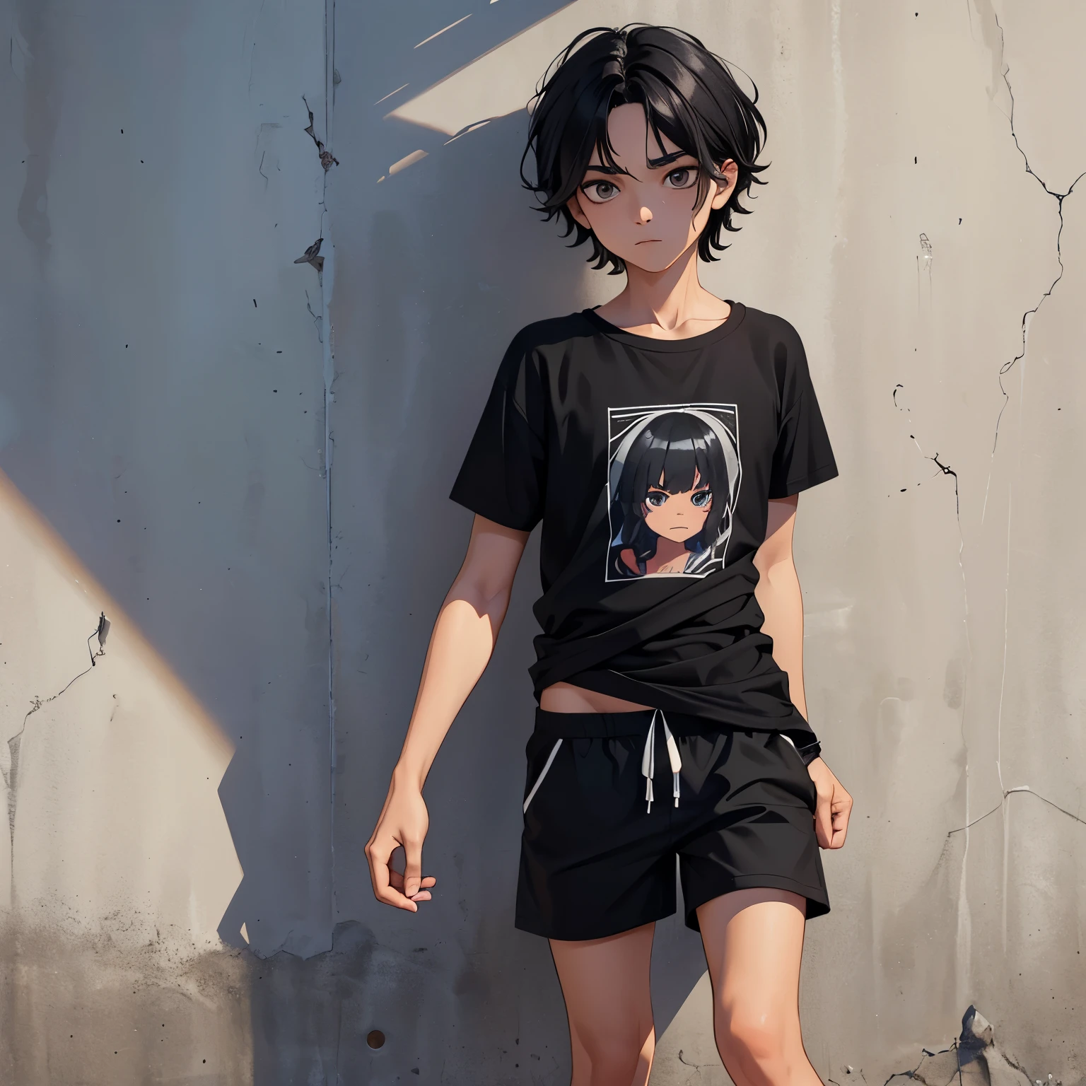 Draw a boy with indigenous features, shoulder-length curly black hair, uma camisa preta, shorts and black sneakers, com uma blusa preta amarrada na cintura apoiado em uma parede cinza