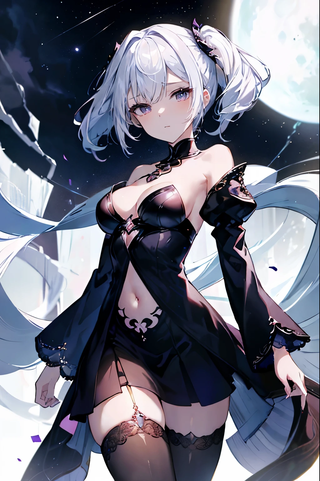 1girl, anime, cute girl, blank background, white background, fantasy, detailed fantasy dress with highlights, beautiful face, beautiful eyes, dark colors, black hair with multicolor streaks, red eye with different color pupil in eye, multicolor eye, medium breasts, slight cleavage, beautiful skin, cute, breast curtains, extremely delicate and beautiful, (beautiful detailed face:1.0), (detailed deep eyes), symmetrical breasts, deep eyes, shiny skin, portrait, slender waist, hips wider than shoulders, thighs, expressionless, young girl, luminous eyes, adorable,(Kpop idol),(aegyo sal:1),(Platinum blonde hair:1),((puffy eye)),Black panty,sexy posture,Superskirt, Ultra-high resolution,Black collar,slim figure, Abdominal y tattoo, womb tattoo,Tight-fitting leg ring,y tattoo on half-body,Bare skin, Armored hand,Hidden fingertips,Hand covered,Arm covered,Fist covered,{{beautiful detailed fingers}}, tufts of hair, moderate beautiful breast:1.0,(masterpiece:1.2), best quality, high-res, HDR, perfect face, intricate armor, delicate blue filigree, intricate filigree, red metalic parts, detailed part, dynamic pose, dynamic lights, cute face, neutral expression, shuimobysim, lotus, hanfu, maxi skirt, dress conservatively 1girl, solo, long blue hair, standing, One lady,14years,((White hair) ,((Normal breasts)), (Shiny purple bodysuit with microskirt),((Fantasy, Moon Night))