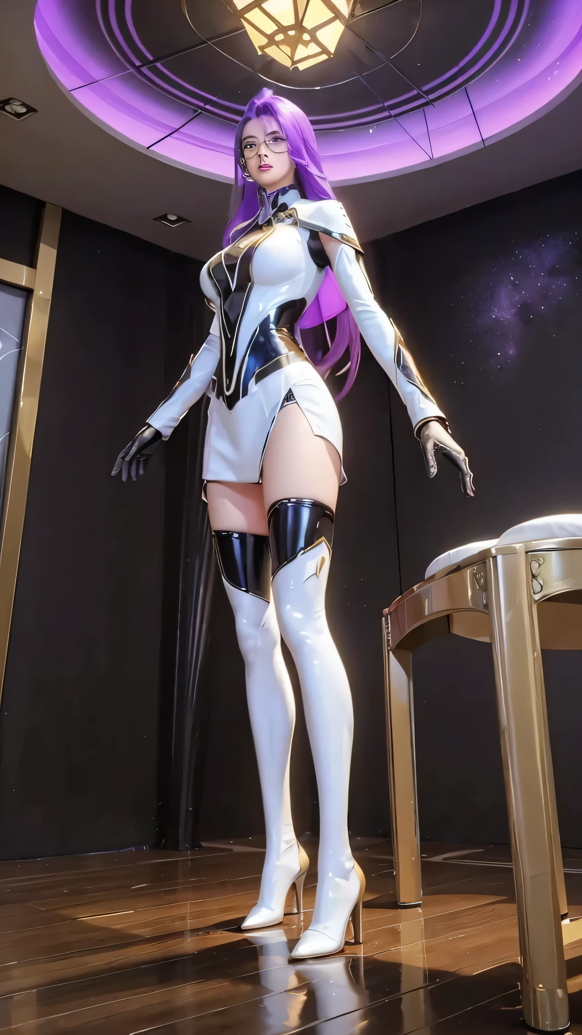 Veres_Interstellar_council, 1girl, solo, long hair, breasts, large breasts, thighhighs, white thighhighs, yellow eyes, lips, makeup, lipstick, ((glasses)), purple hair, hair over one eye, boots, thigh boots, shoes, high heels, science fiction, star (sky), space, interstellar, indoors, cup, chair, table, scenery, plate, tiles, tile floor, sink, restaurant, ceiling light, night, lantern, wooden floor, potted plant, lamp, architecture, east asian architecture, fish, goldfish,(Standing), bottom-up perspective