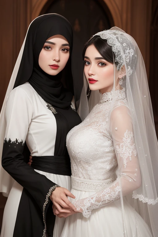 A woman wearing a black islamic clothes with a woman wearing  a white wedding dress and veil , perfect face and red lips and green eyes 