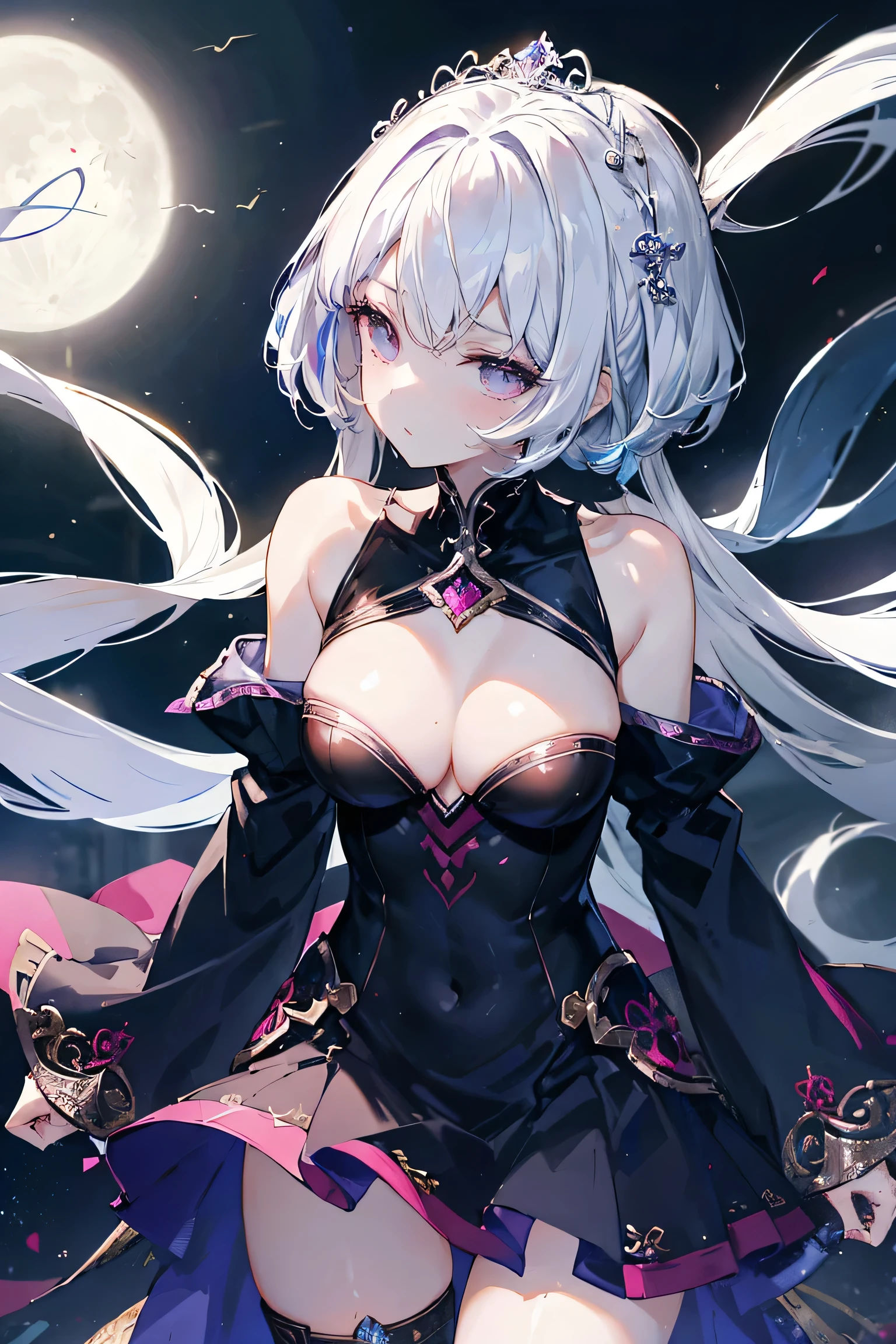 1girl, anime, cute girl, blank background, white background, fantasy, detailed fantasy dress with highlights, beautiful face, beautiful eyes, dark colors, black hair with multicolor streaks, red eye with different color pupil in eye, multicolor eye, medium breasts, slight cleavage, beautiful skin, cute, breast curtains, extremely delicate and beautiful, (beautiful detailed face:1.0), (detailed deep eyes), symmetrical breasts, deep eyes, shiny skin, portrait, slender waist, hips wider than shoulders, thighs, expressionless, young girl, luminous eyes, adorable,(Kpop idol),(aegyo sal:1),(Platinum blonde hair:1),((puffy eye)),Black panty,sexy posture,Superskirt, Ultra-high resolution,Black collar,slim figure, Abdominal y tattoo, womb tattoo,Tight-fitting leg ring,y tattoo on half-body,Bare skin, Armored hand,Hidden fingertips,Hand covered,Arm covered,Fist covered,{{beautiful detailed fingers}}, tufts of hair, moderate beautiful breast:1.0,(masterpiece:1.2), best quality, high-res, HDR, perfect face, intricate armor, delicate blue filigree, intricate filigree, red metalic parts, detailed part, dynamic pose, dynamic lights, cute face, neutral expression, shuimobysim, lotus, hanfu, maxi skirt, dress conservatively 1girl, solo, long blue hair, standing, One lady,14years,((White hair) ,((Normal breasts)), (Shiny purple bodysuit with microskirt),((Fantasy, Moon Night))